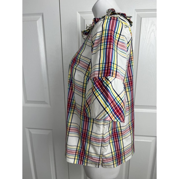 Talbots Short Sleeve Ruffle Top Cream Plaid Size LP - Picture 5 of 12